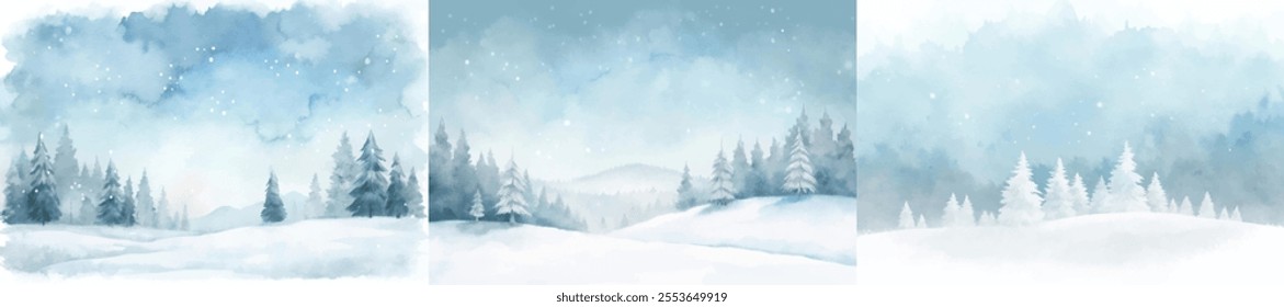 Three paintings of snow-covered landscapes with trees. The mood of the paintings is serene and peaceful