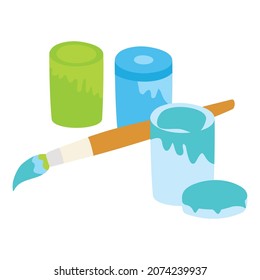 tres pinturas y pinceles en ilustraciones vectoriales de color verde, azul claro y azul