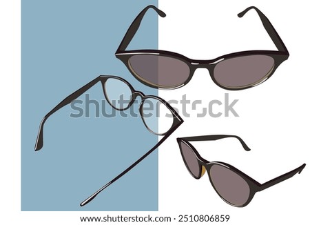 Three pair of glasses. Sunglasses and optical glasses. Two color background.