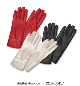 Three pair of realistic women leather gloves different colors: black, red, beige. Vector illustration isolated on white background