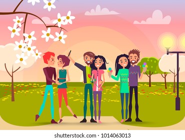 Three pair with rose and ice cream in spring park vector illustration. Enamored happy people makes selfie, admires each other