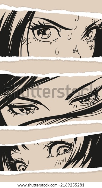 Three\
pairs of Asian Girls eyes. Manga style. Japanese cartoon Comic\
concept. Anime characters. Hand drawn trendy Vector illustration.\
Pre-made prints. Every illustration is\
isolated
