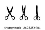 Three pairs of black scissors in different positions on a white background, showcasing their design and functionality.