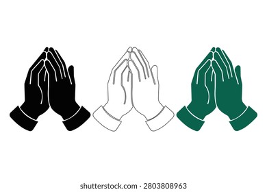 Three pairs of clasped hands in black white line art and green color isolated on transparent background