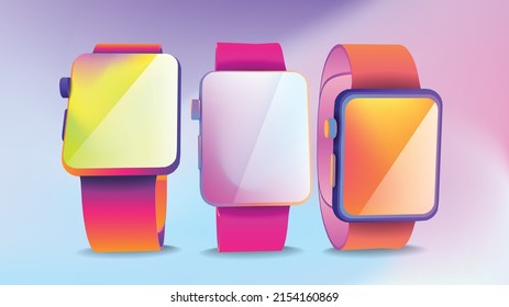 three pairs of colored smart watches in space. Vector banner