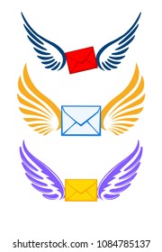 Three pairs colorful of wings with envelopes for your logo or design.