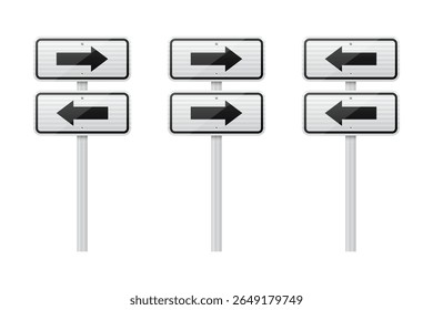 Three pairs of directional signs mounted on gray posts. Each sign displays arrows pointing either left or right, aiding navigation and route determination for travelers.