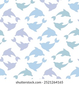 Three pairs of dolphins. Seamless vector pattern. Repeating ornament of sea mammals spinning in a circle. Isolated colorless background. Flat style. Ocean inhabitant. Idea for web design.