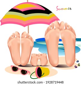 Three pairs of feet on the sand. Mom, dad and baby are on vacation. Bright colors and good mood

