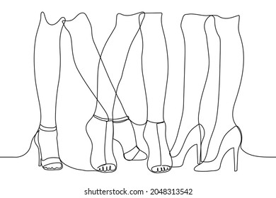 Three pairs of female legs in summer shoes with heels - one line drawing. legs of three women in high heeled shoes (shoes, sandals) 