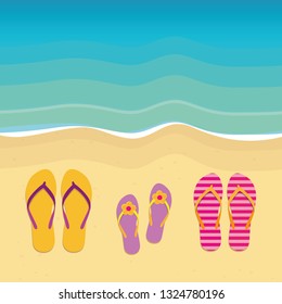 three pairs of flip flops on the beach family summer holiday vector illustration EPS10