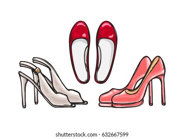 Three pairs of high heel shoes. Fashionable footwear. Lady's stylish footwear. Shoes for warm season. Red, pink and beige. Cartoon style. Flat design. Collection of different footgear. Vector