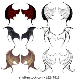 three pairs of leather membranous wings, contoured and detailed painted on a white background.