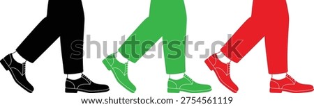 Three pairs of legs in black, green, and red trousers with matching shoes walking.