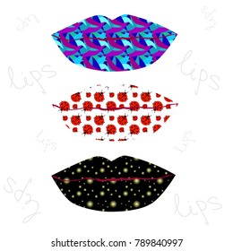 three pairs of lips with different patterned filling, double exposure
