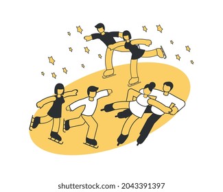 Three pairs participating in ice skating competition isometric composition vector illustration