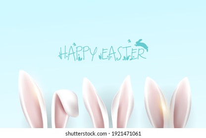 Three pairs of realistic rabbit ears, like a happy Easter. the concept of a design element, a website banner, a postcard decor, a furry mammal. isolated on a blue background.Vector illustration