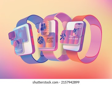 Three pairs of smart watches with a colorful interface in space. Vector banner