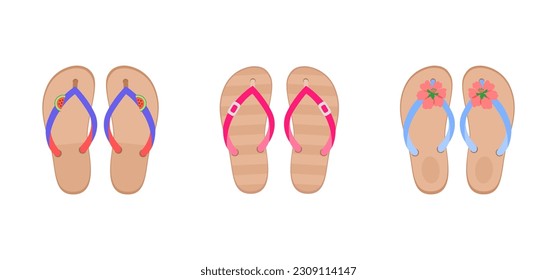 Tres pares de zapatos de playa de verano para mujeres. Ilustración vectorial de los flip-flops en colores brillantes sobre lenguado plano con accesorios de moda de estilo plano sobre fondo aislado blanco, vista superior.