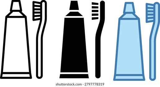 Three pairs of toothbrush and toothpaste. White outline, solid black, and light blue color variations. Personal hygiene, dental care, oral health icons. Vector illustration on transparent grid.