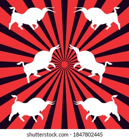 Three pairs of white bulls. Dynamic wild bulls attack each other. Angry animals. Side view. Hand-drawn evil buffaloes. Spanish bullfight. Vector flat illustration on red and black rays background.