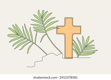 three palm leaves and a cross mark. palm Sunday one-line drawing