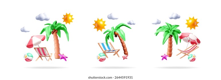 Three palm trees with beach chairs, umbrellas, beach ball, starfish, sun and clouds. Summer vacation and holiday concept.