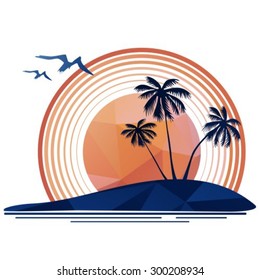 Three palm trees and birds on a white  background.