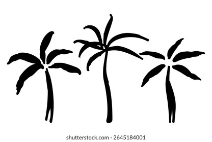 Three palm trees, black silhouette, shadow. Tropical plants, summer vacation, tourism, islands. Simple vector illustration.