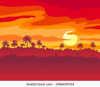 three palm trees grow on a wild beach. vector sketch on white background