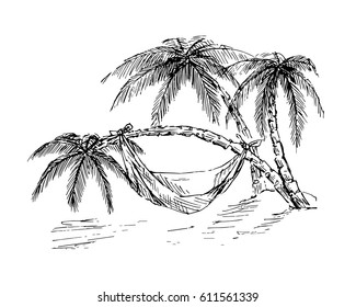 Three Palm Trees Hammock Hand Drawn Stock Vector (Royalty Free ...