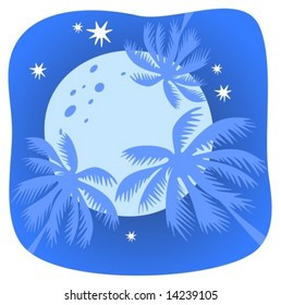 Three palm trees and moon on a night sky background.