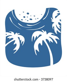 Three palm trees and the moon on a dark blue background.