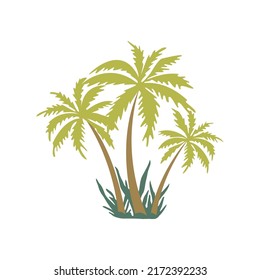 Three palm trees on the island. Green bushes around. Hot summer season, tropics. Time for rest and relaxation. Colorful vector isolated illustration hand drawn print or poster