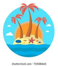 Three palm trees on island and the sun. On island there are starfish and stones. Editable. Vector flat illustration. Round composition. EPS10