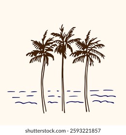 Three palm trees on the ocean, summer vacation, tropical island. Nature, landscape. Simple vector drawing with black outline.