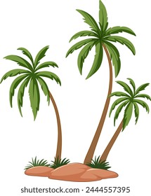 Three palm trees on a small sandy island.