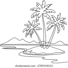 Three palm trees on a small island with distant hills