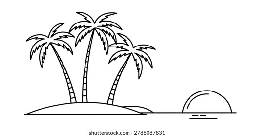 Three palm trees on a small island with a sun setting over the ocean, simple line drawing Vector, illustration