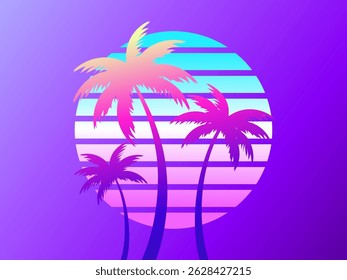 Three palm trees on a sunset 80s retro sci-fi style. Summer time. Futuristic sun retro wave. Design for advertising brochures, banners, posters, travel agencies. Vector illustration