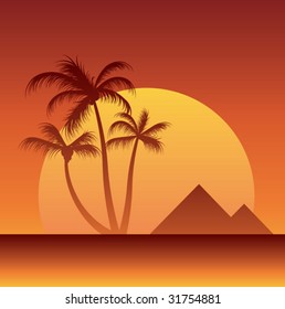 three palm trees and pyramids on sunset