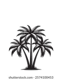 Three Palm Trees Silhouette, Graphic Vector Illustration of Tropical Palms, Design Element for Summer Holiday and Beach Themes, Black and White Tropical Island Logo