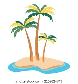 Three palm trees standing on a little island that surrounded by the sea. Vector illustration. Flat style