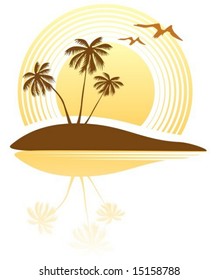 Three palm trees and sun  on a white  background.