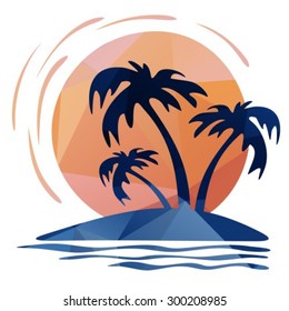 Three palm trees and sun on a white  background.