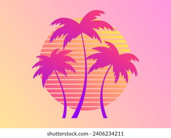 Three palm trees at sunset in a futuristic retro style. Summer time. Silhouettes of palm trees against the background of a gradient sunset. Design for banner, poster and print. Vector illustration