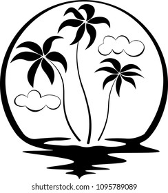 three palm trees surrounded by sun and water beach black and white art logo