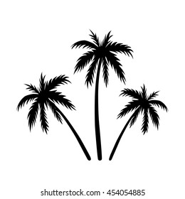 Three palms sketch. Black coconut tree silhouette, isolated on white background. Symbol of tropical nature, beach, summer holiday, travel. Floral exotic landscape. Natural design. Vector illustration