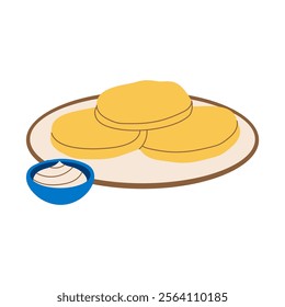 Three pancakes are arranged on a white plate, with a blue bowl of sauce placed in the background. The sauce appears to be a condiment, possibly ketchup or gravy