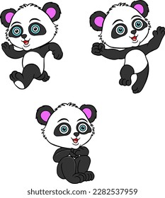 ilustración vectorial de tres pandas aislados en fondo blanco